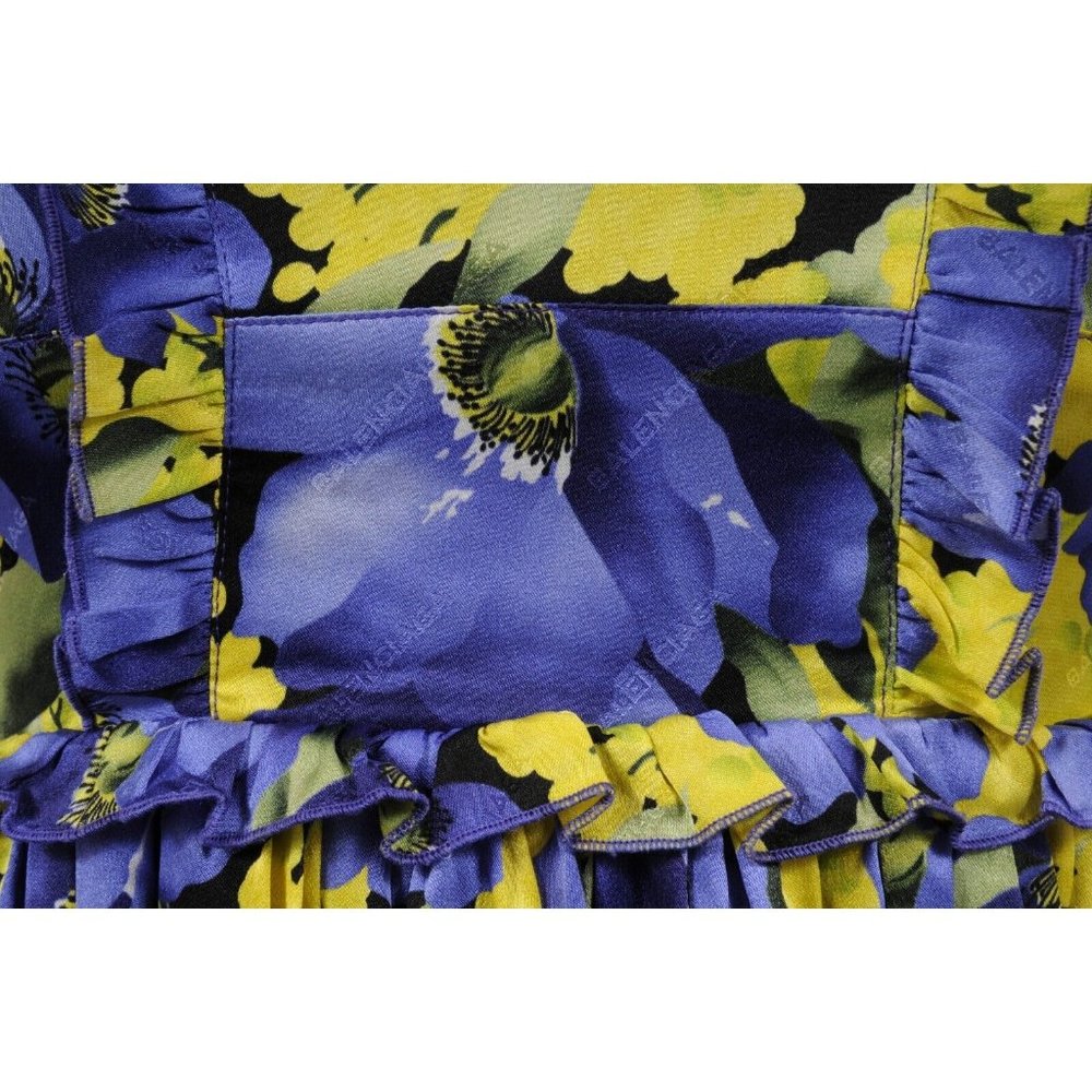 Balenciaga Women Mini Dress US 8 FR 38 Purple Yellow Floral Print Pleated Ruffle - Picture 4 of 11